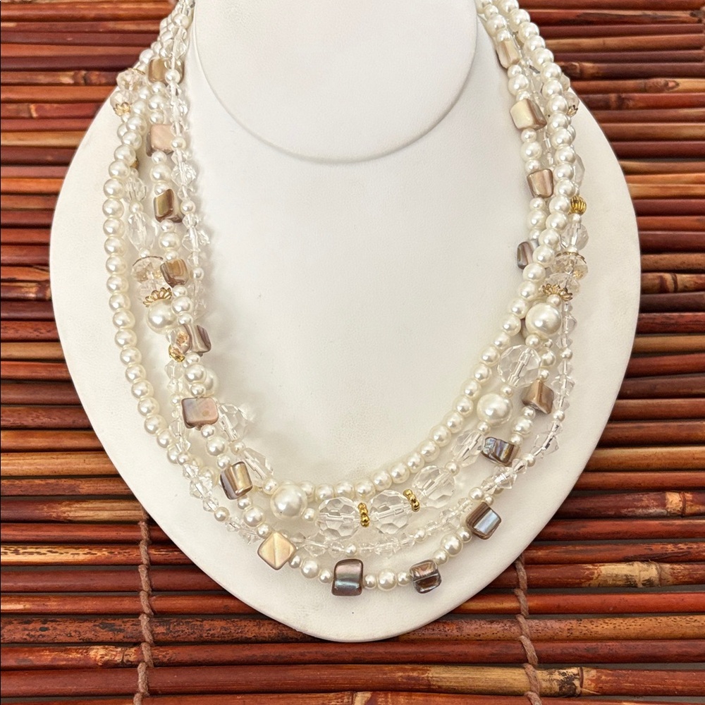 Premier Designs Elegant Faux Pearl and Crystal Four Strand Necklace 18.5”-21”